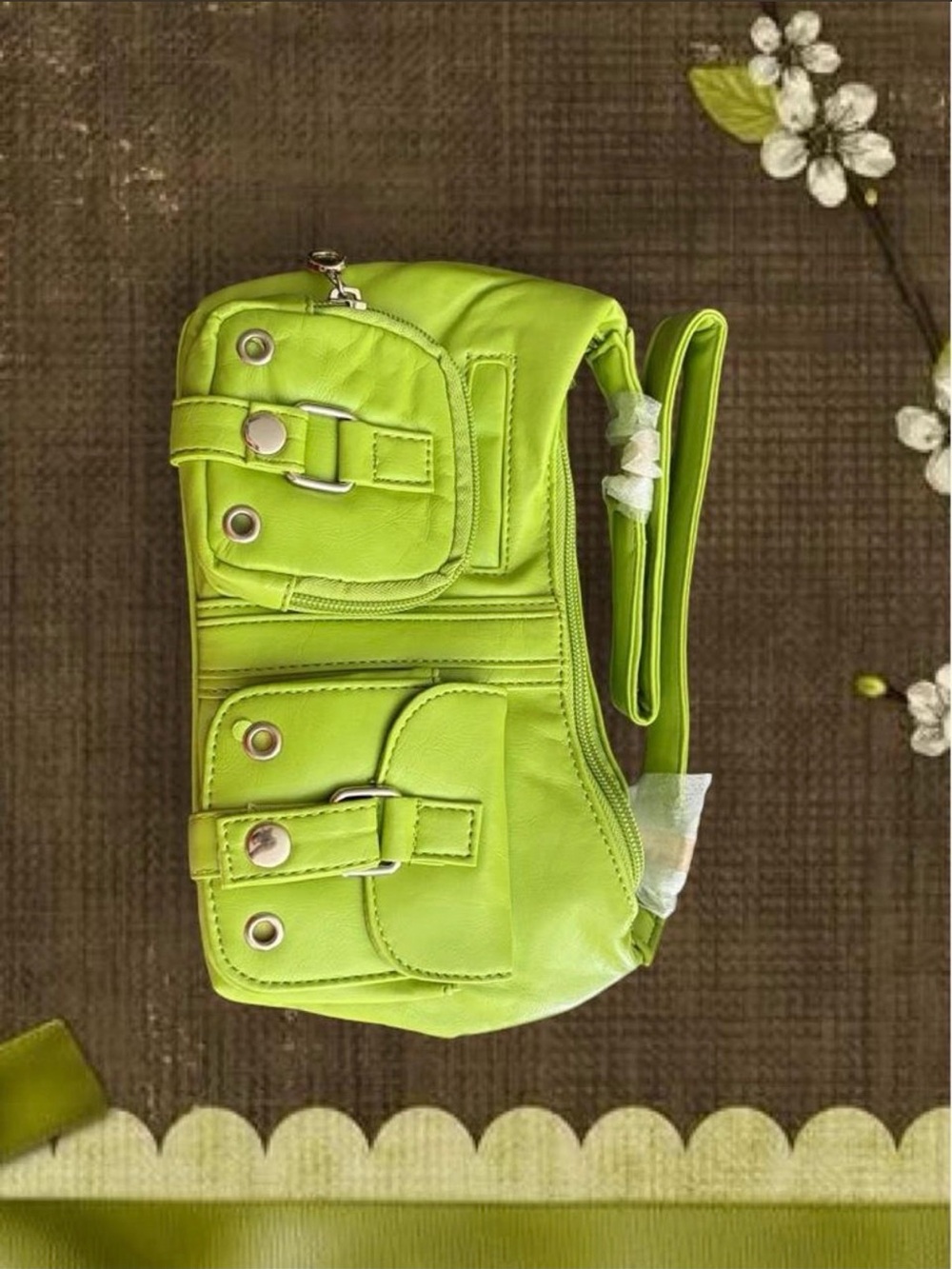 Lime Green Women's Shoulder Bag with Buckle Pockets